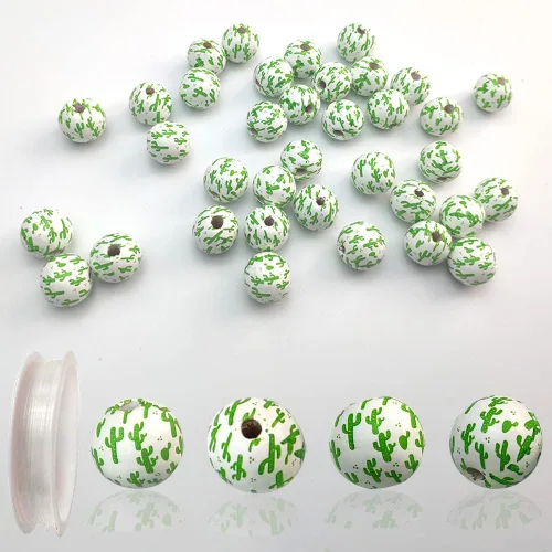 Metulip 100 cuentas de madera con patrón de cactus, cuentas redondas naturales pulidas de 0.63 pulgadas para manualidades, manualidades, llavero,