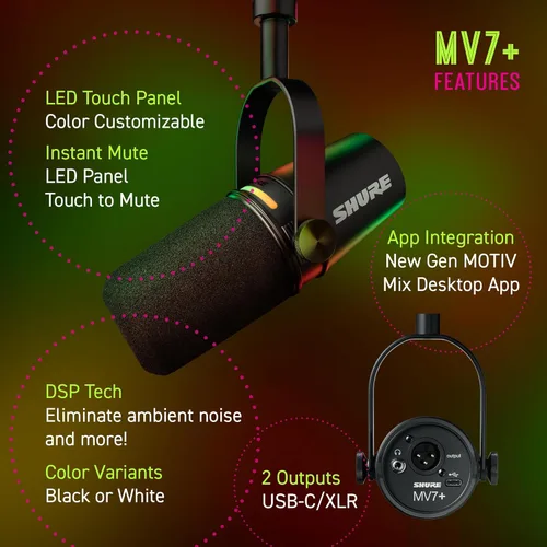 Miniatura 3 de Shure MV7+ - Micrófono dinámico para podcasts, certificado OBS, audio mejorado, panel LED, salidas USB-C y XLR, modo de nivel automático, filtro