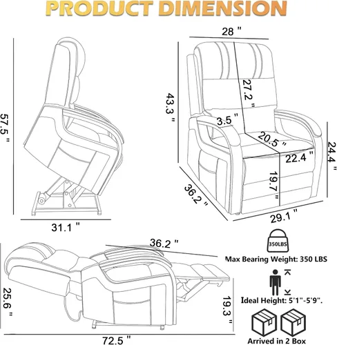 Miniatura 2 de Sillón reclinable de elevación eléctrica de doble motor Trustyue, reclinable plano, silla elevadora con masaje y calor, asistencia para pararse