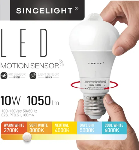Miniatura 2 de SINCELIGHT Bombilla LED con sensor de movimiento de 9 W con base E26, PIR activada por movimiento en la oscuridad, encendido/apagado automático por