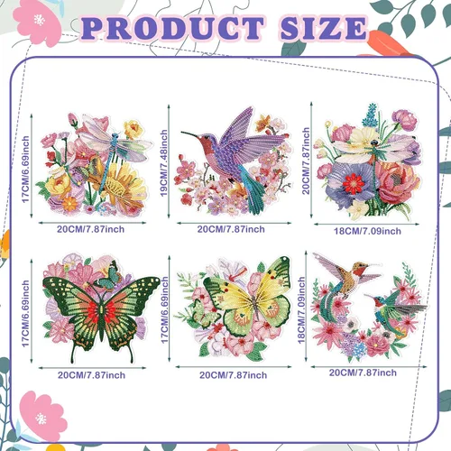 Miniatura 3 de Chitidr 6 Piezas Mariposas Colibríes Libélula Pintura de Diamantes Kits de Letreros Colgantes de Verano Arte de Corona Diamante 5D DIY Adornos