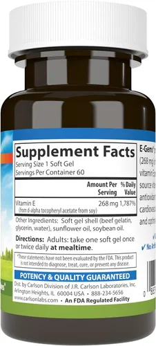 Miniatura 2 de Carlson Labs E-Gems Natural Vitamina E, 400 UI, 60 cápsulas blandas