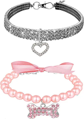 Miniatura 7 de Juego de collar de perro de diamantes de imitación y collar de perlas para perro, correa ajustable para el cuello, collar de perlas de cristal de 4
