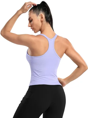 Miniatura 131 de ATTRACO Camiseta corta acanalada de entrenamiento para mujer con brasier integrado para yoga, espalda cruzada, ajuste ajustado