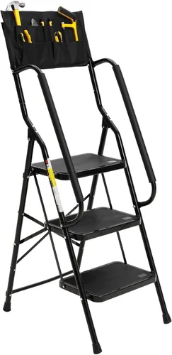 BOCOM Escalera de 3 escalones, ligera, portátil, plegable, resistente, con pasamanos, bolsa de herramientas acoplable, pedal ancho antideslizante,