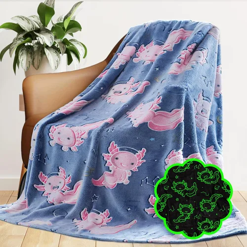 GEULAY Axolotl - Manta de tamaño individual para cama y sofá, manta de ajolote que brilla en la oscuridad, regalos para niñas, manta de forro polar