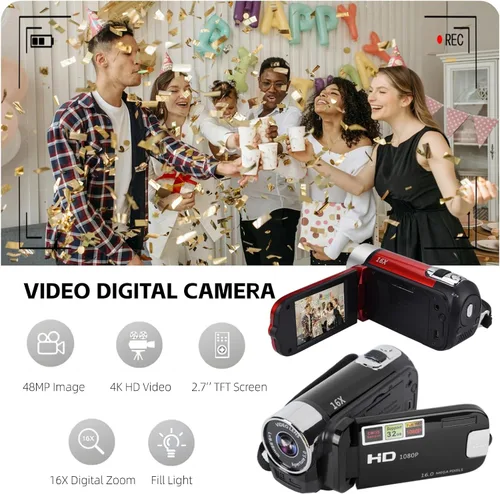 Miniatura 2 de Videocámara, cámara de vídeo digital de 1080P y 16 MP, grabadora para vlogs, pantalla TFT de 2.7" con rotación de 270 grados, zoom digital de 16X