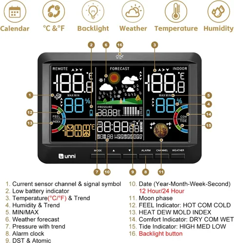 Miniatura 5 de Estación meteorológica para interiores y exteriores, termómetro inalámbrico, reloj atómico para el hogar con gran pantalla constante, monitor