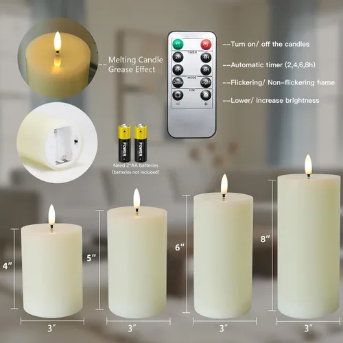 Miniatura 7 de Lezonic Velas LED de color marfil sin llama con temporizador remoto, paquete de 4 velas parpadeantes, diseño de grasa, pilar de cera real
