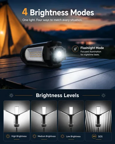 Miniatura 2 de Luces de camping recargables con soporte, luz de trabajo portátil de 6000 K, 4 cabezales de lámpara LED, linterna magnética con trípode desmontable
