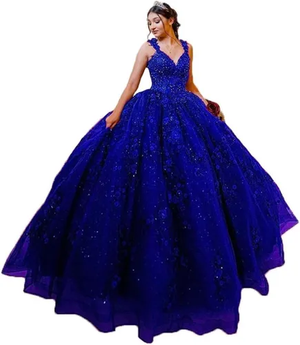 Vestidos de quinceañera con cuello en V para mujer, vestido de baile de tul brillante 3D, apliques de flores dulces 15 16, vestidos de fiesta de