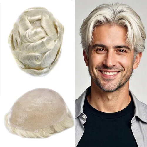 Miniatura 63 de Tupé para hombre, extensiones de cabello humano Remy para hombre, piel fina, 0.002 in, sistema de reemplazo de cabello con bucle en V para hombres