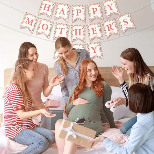 Miniatura 7 de Whaline Juego de 3 pancartas para el Día de la Madre, con texto en inglés «Happy Mother's Day» con cola de pez, guirnalda floral rosa premontada