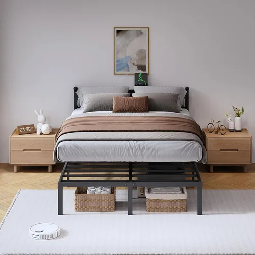 Miniatura 8 de SHOANED Marco de cama de 14 pulgadas de metal - Base de cama de tamaño matrimonial de alta resistencia con estación de carga y cabecera, listones