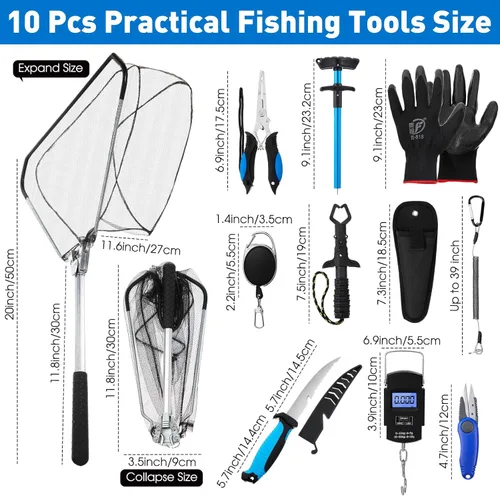 Miniatura 2 de RoundFunny Kit de herramientas de pesca de 10 piezas, alicates de pesca con cordón y fundas protectoras, salabre, cuchillo de filete, balanza