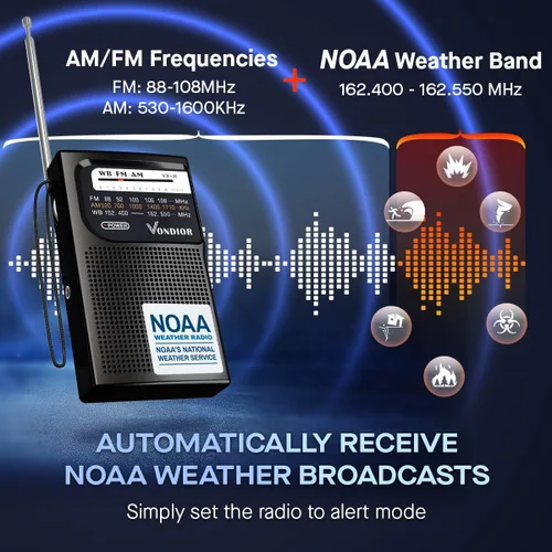 Miniatura 3 de Vondior Radio meteorológica NOAA portátil, Radio de emergencia NOAA/AM/FM operada por batería con la mejor recepción, Radio de alerta meteorológica