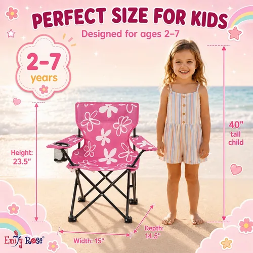 Miniatura 2 de Emily Rose Silla de campamento de playa plegable rosa para niños con portavasos, bloqueo de seguridad y funda de transporte, silla para niñas de 2 a