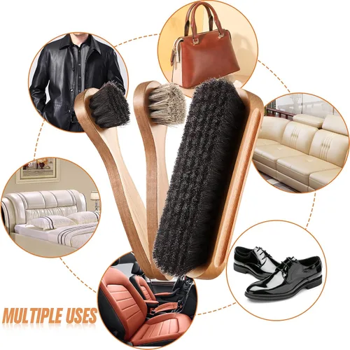 Miniatura 5 de Kit de 4 cepillos para zapatos de pelo de caballo, aplicadores de limpieza de piel, botas, cepillos de cuidado de gamuza con paño de microfibra