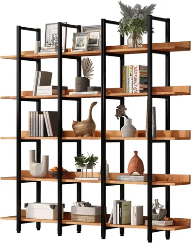 Miniatura 4 de YISUYA Estantería alta de madera de 5 niveles para dormitorio, estantería industrial moderna de mediados de siglo con almacenamiento para sala
