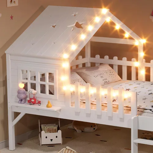 Miniatura 27 de Marco de cama de tamaño matrimonial para niños con escaleras, bonito techo y ventana en forma de estrella para niños y niñas, cama de plataforma