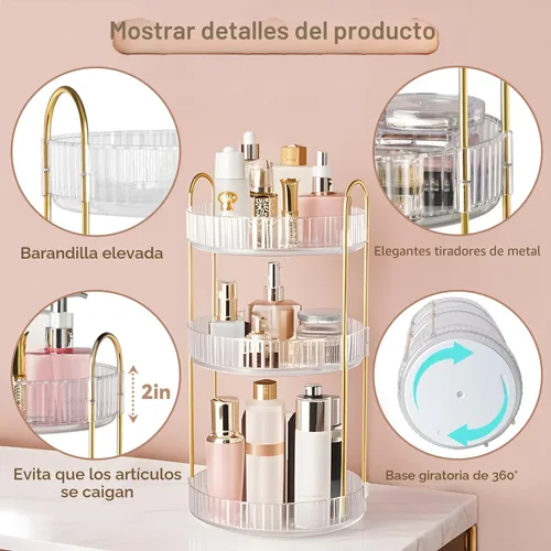 Miniatura 6 de Organizador de maquillaje giratorio de 360° para tocador, organizadores de perfumes de 3 niveles, organizadores de cuidado de la piel y Transparente