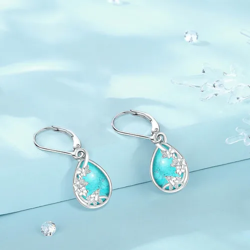 Miniatura 70 de Aretes colgantes de plata de ley con diseño de árbol de la vida, flor, abeja, animales, gato, colibrí, piedra lunar, turquesa, aretes con cierre