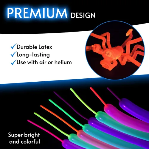 Miniatura 2 de Glow King Globos de neón para atar – Globos de fiesta fluorescentes que brillan en neón para atar animales de globo, suministros de fiesta reactivos