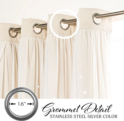 Miniatura 2 de Best Home Fashion Par de cortinas opacas con revestimiento de tul y corte láser, paneles de ventana con ojales plateados para dormitorio, habitación