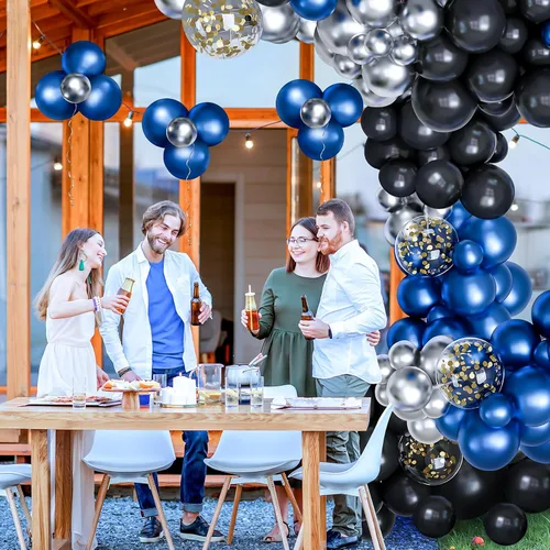 Miniatura 5 de Kit de guirnalda de arco de globos de color azul metálico y negro, globo plateado metálico con lentejuelas doradas, 122 piezas para cumpleaños, Azul