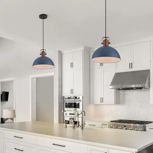 Miniatura 6 de Luces Colgantes Azules de 12 Pulgadas Martilladas Mate, Luces Colgantes para Isla de Cocina Estilo Industrial Granja, Altura Ajustable, Lámparas