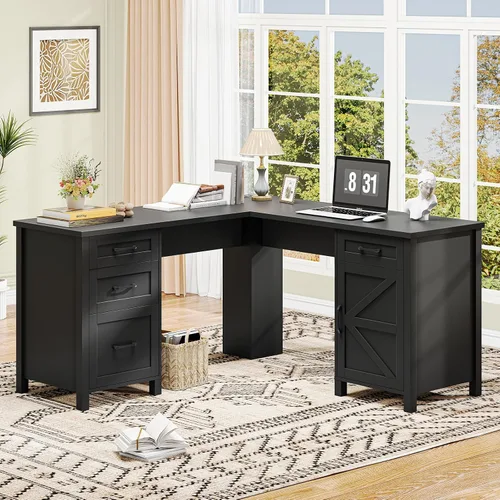 Miniatura 9 de Vabches Escritorio rústico en forma de L de 68 pulgadas de alto con gabinete, mesa de oficina con 3 cajones y puertas correderas, escritorio