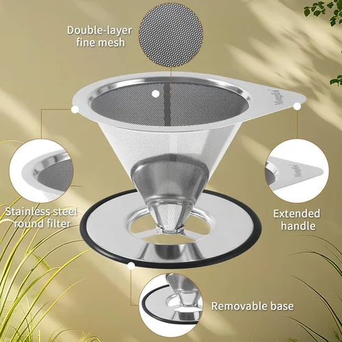 Miniatura 3 de Mongdio Gotero de café vertido, gotero de café de acero inoxidable, filtro de café de metal reutilizable, diseño de doble malla para verter sobre