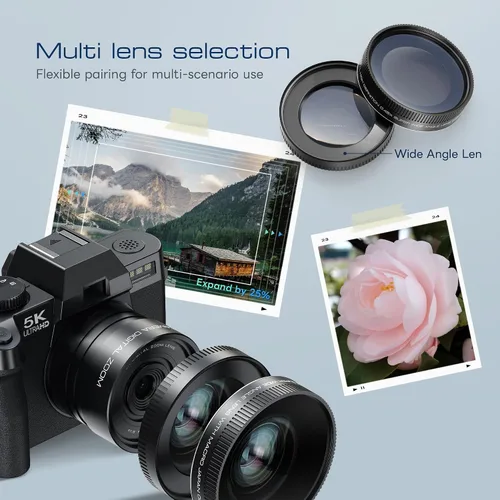 Miniatura 4 de Cámara digital 5K para fotografía, cámara de vlogging WiFi de 64MP con doble lente y pantalla abatible de 180°, zoom 16X, kit de cámara de apuntar