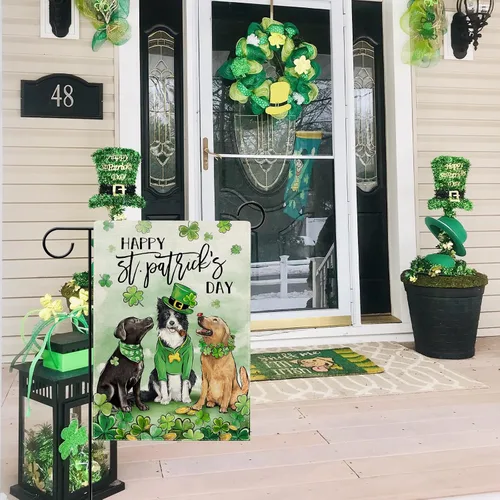 Miniatura 5 de Hzppyz Bandera de jardín con diseño de perros del Día de San Patricio, de doble cara, trébol de trébol dorado para cachorros, decoración pequeña