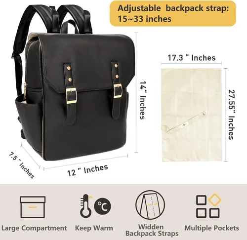 Miniatura 5 de miss fong Bolsa de pañales de cuero para mamá y papá con 12 bolsillos, cambiador de pañales y 4 bolsillos aislados, color negro oscuro