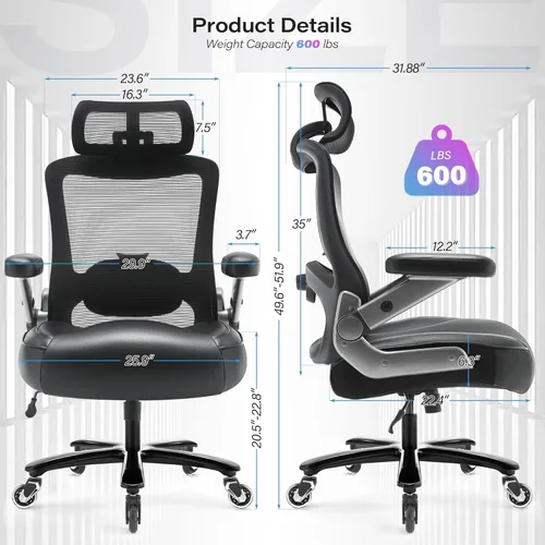 Miniatura 3 de Silla de oficina grande y alta, 600 libras con brazos abatibles 3D, reposacabezas ajustables, ruedas grandes resistentes, silla de escritorio negro