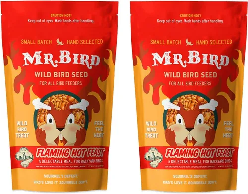 Mr. Bird Flaming Hot Feast - Bolsa grande de semillas sueltas de 4 libras (2) | Spicy Bird Seed for Outside Feeders | Premium Blend of Mealworms,