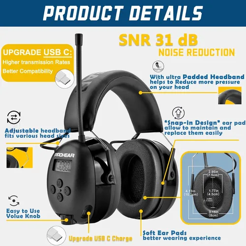 Miniatura 4 de PROHEAR 033 - Auriculares con radio AM/FM Bluetooth 5.4 - Batería recargable USB C de 2000mAh - Auriculares con radio para protección auditiva