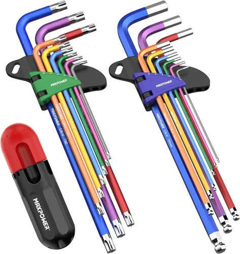 MAXPOWER Juego de llaves Allen, juego de llaves hexagonales de extremo de bola métrica de 18 piezas y llaves Torx Star Allen, llave de brazo largo