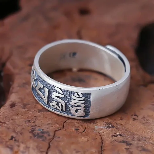 Miniatura 3 de JUNTEN Anillo de plata de ley 925 budista tibetana Om Mani Padme Hum Mantra para hombres y mujeres, anillos abiertos de 0.315in de ancho ajustables
