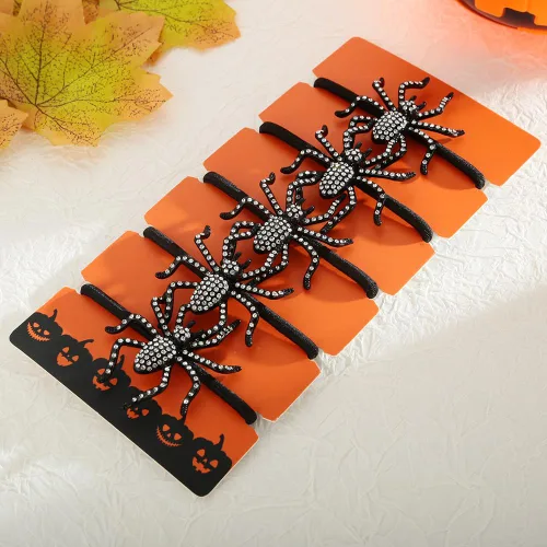 Miniatura 7 de Juego de 5 lazos para el pelo de araña de Halloween para mujeres, ligas negras de 0.157 pulgadas para cabello grueso y colas de caballo, juego