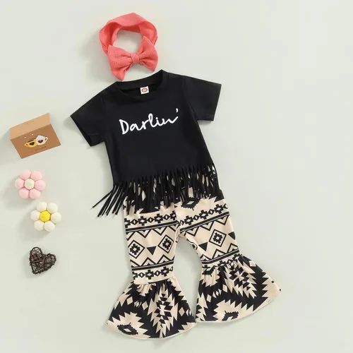 Miniatura 51 de fhutpw Conjunto de camiseta de manga corta con estampado de vaca y pantalones acampanados de dibujos animados para niñas