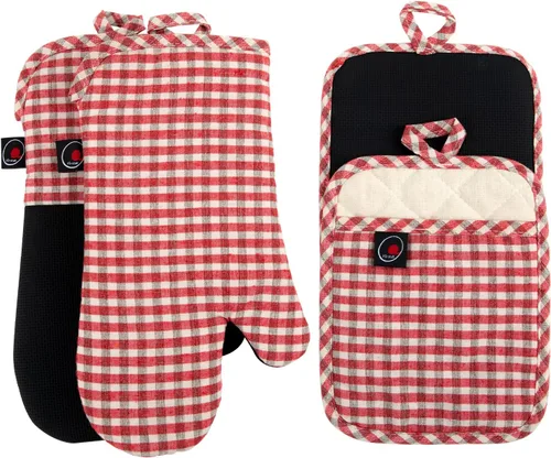Juego de guantes de horno y soportes para ollas, 4 piezas de guantes de horno de cocina resistentes al calor de 400 °F para cocina, guantes de horno