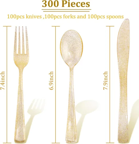 Miniatura 3 de Supernal Juego de 300 piezas de cubiertos de plástico dorados con purpurina desechables. Incluye 100 tenedores, 100 cucharas y 100 cuchillos. Sirve