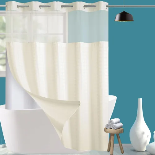 Conbo Mio - Cortina de ducha sin ganchos con juego de forro extraíble, cortinas de lujo de color beige para hotel y baño con ventana superior