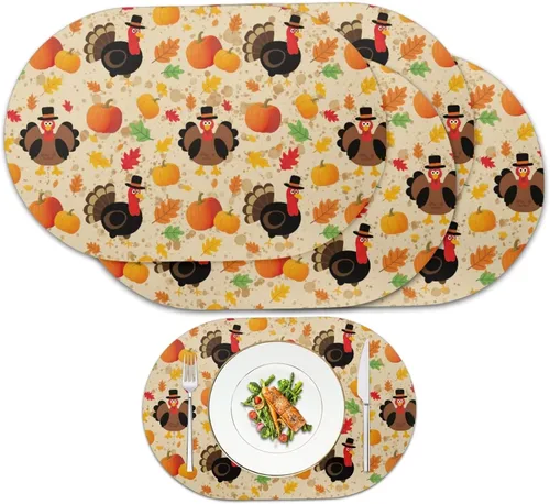 Miniatura 22 de Non Slip Placemats Set of 6 Pumpkin Mushroom Theme Waterproof Wipeable Faux Leather for Thanksgiving Family Feast Heat Resistant Dining Table Mats