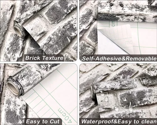 Miniatura 4 de Cohoo Home Papel tapiz de ladrillo gris para despegar y pegar, papel adhesivo para paredes, autoadhesivo, extraíble, papel de contacto de ladrillo