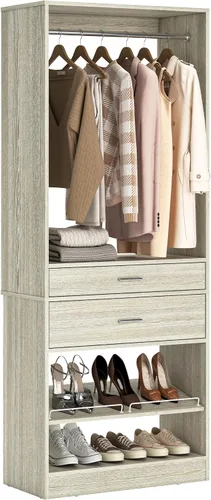 Miniatura 14 de Unikito Organizador de armario de 25 pulgadas de ancho x 80 pulgadas de alto, con barra para colgar y 2 cajones de madera, zapatero ajustable