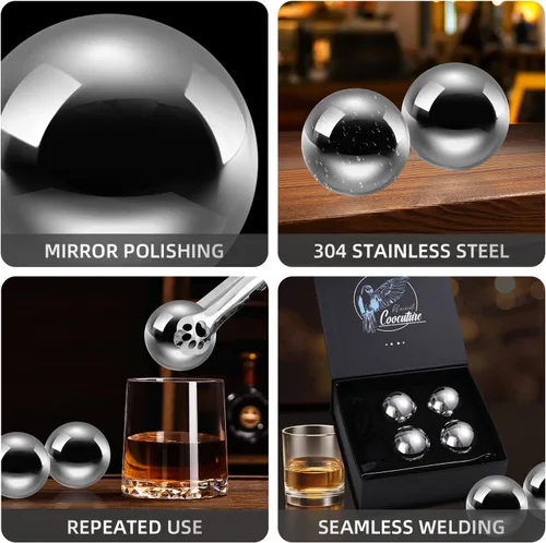 Miniatura 2 de Juego de 4 esferas de hielo de acero inoxidable reutilizables, esferas de cubitos de hielo para bebidas, piedras de whisky, regalos para hombres
