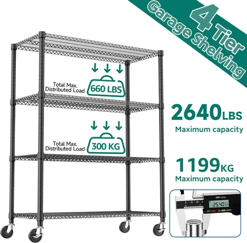 Miniatura 7 de M MZG Estantería de acero de 4 niveles, 2640 libras, estantería de almacenamiento de utilidad, organizador de acero, estante de alambre para el Negro